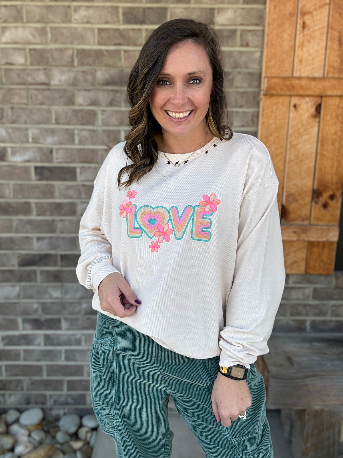 Love Embroidered Front Pullover by Easel