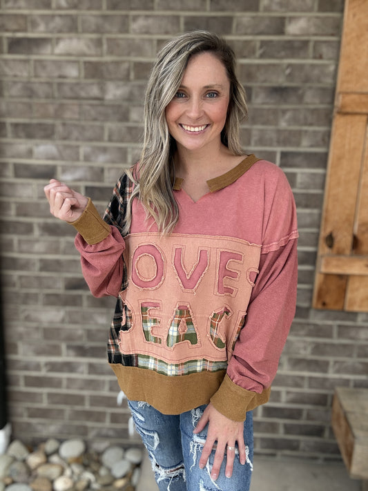 3710- Love and Peace Patchwork Pullover w/ Pockets