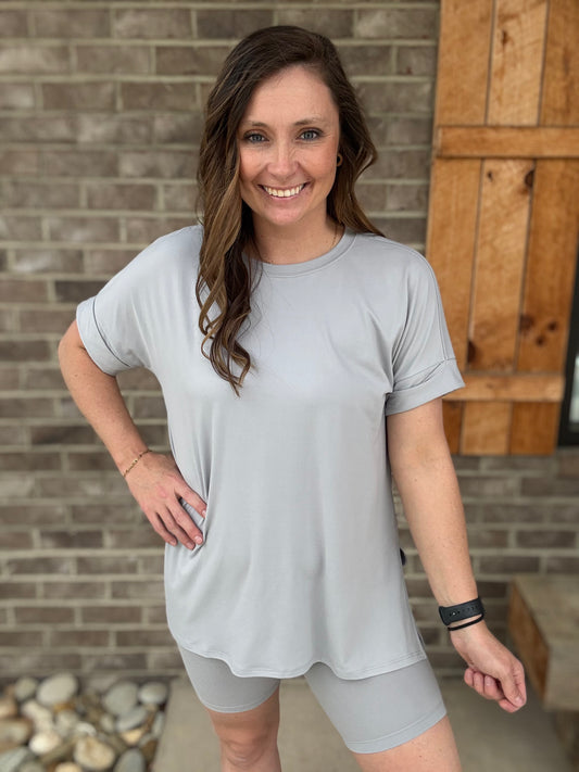 Lt Grey V-Neck Brushed Material Set *TOP & BIKER SHORTS*