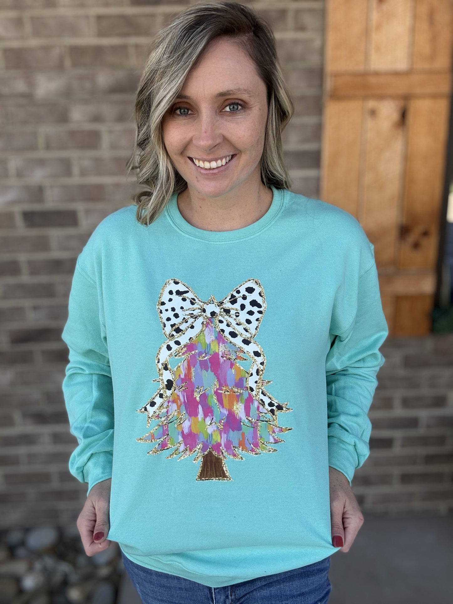 3819-Mint Green Christmas Tree Graphic Sweatshirt