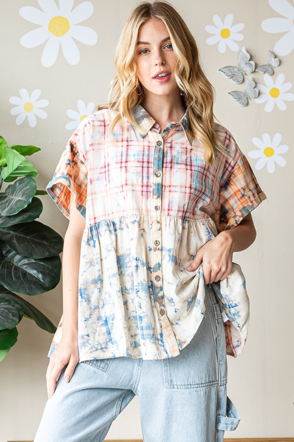 439- Blue Bleached Plaid Button Down Top *OLI & HALI*