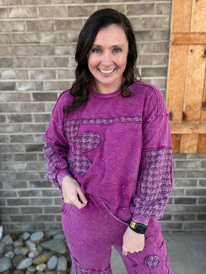 Magenta Mineral Tweed Daisy Patch Long Sleeve Top by J. Her