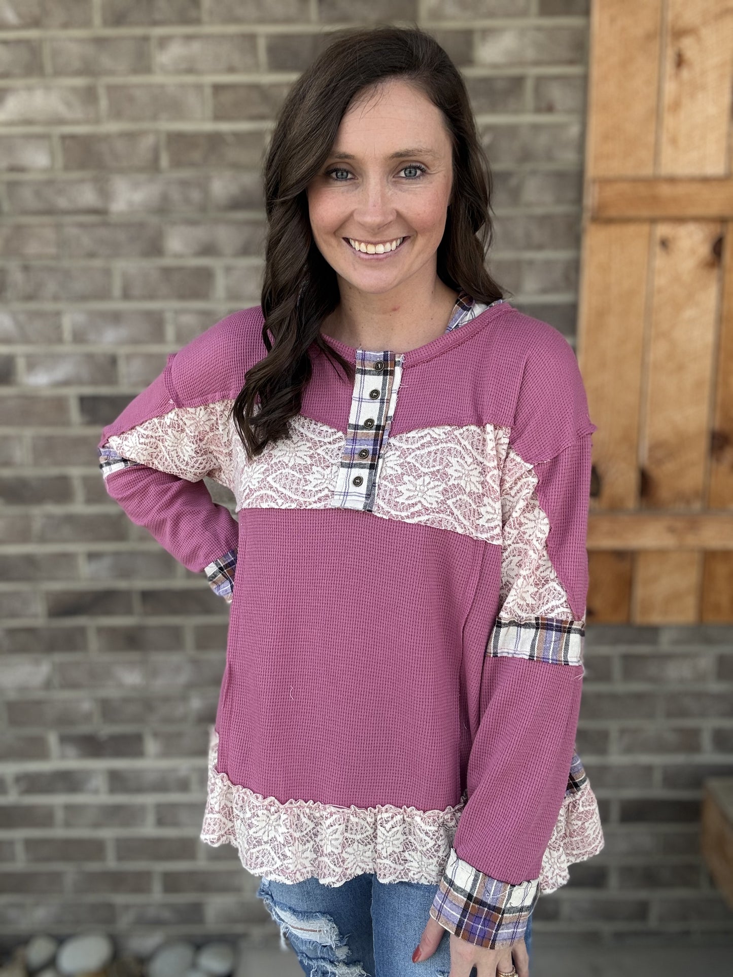 3827- Magenta Pink Round Neck Long Sleeve Thermal Top