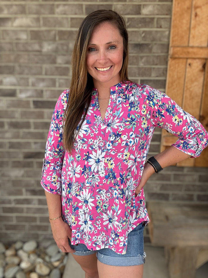 Magenta Multi Floral Wrinkle Free Lizzy Top by Dear Scarlett