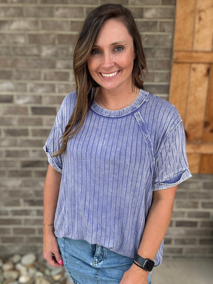Marlin Blue Ribbed Boat Neck Short Sleeve Top by Zenana