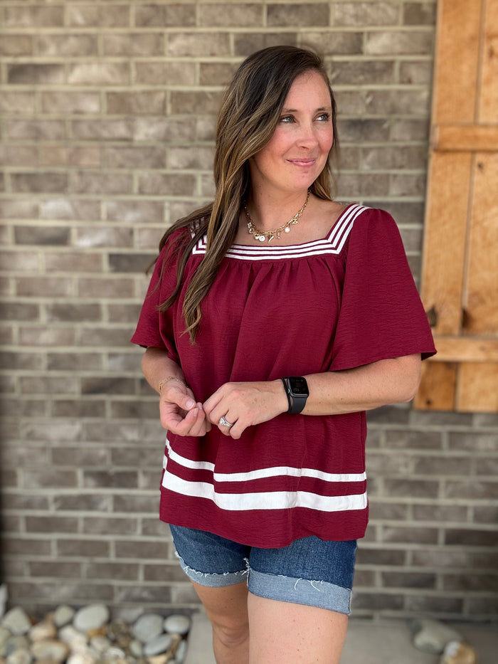 Maroon Game Day Flare Sleeve Square Neck Top