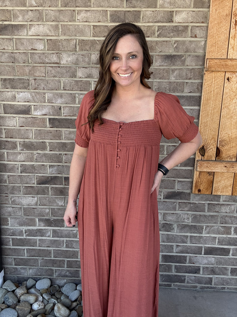 Marsala Smocked Neck Wide-Leg Jumpsuit