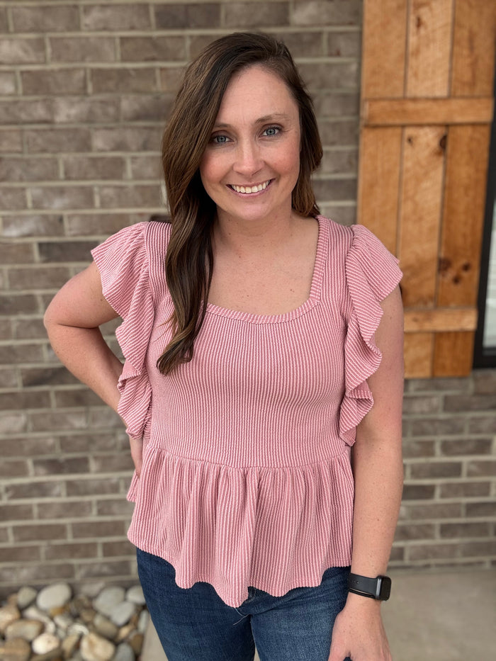 Mauve Ribbed Knit Ruffle Sleeve Square Neck Short Sleeve Top