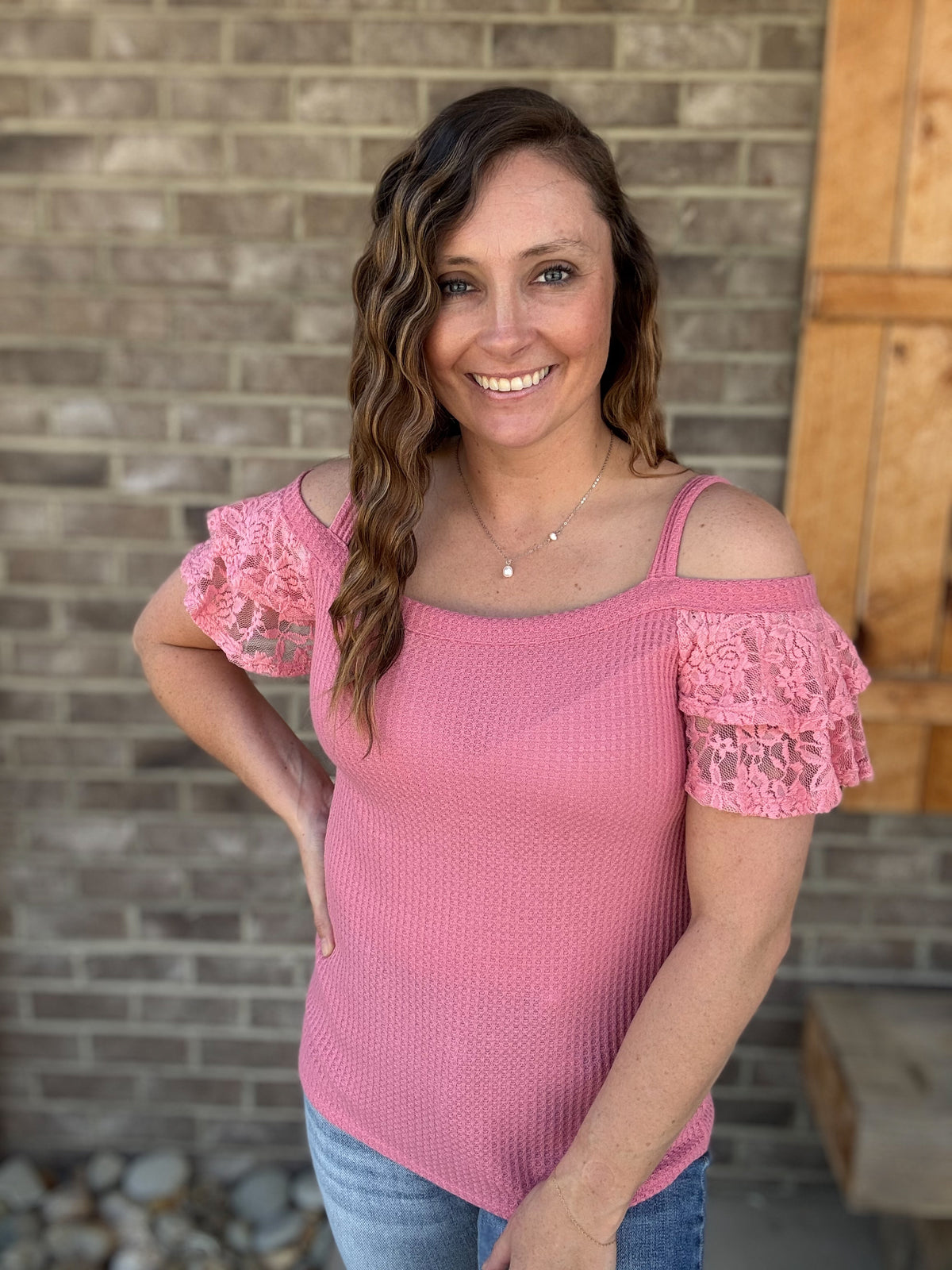 Mauve Waffle Knit w/ Lace Shoulder Strap Short Sleeve Top