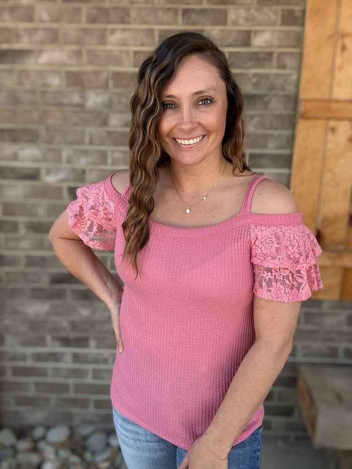 Mauve Waffle Knit w/ Lace Shoulder Strap Short Sleeve Top