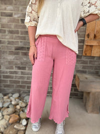 Mauve Cotton Gauze Waistband Pants w/ Eyelet Pocket Detail by Umgee