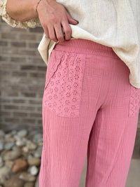 Mauve Cotton Gauze Waistband Pants w/ Eyelet Pocket Detail by Umgee