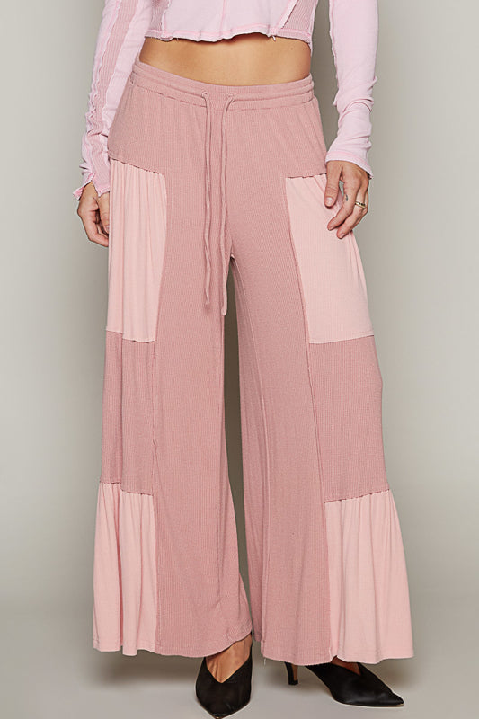 3825-Mauve and Pink Loose Knit Wide Leg Pants with Ribbed Detail