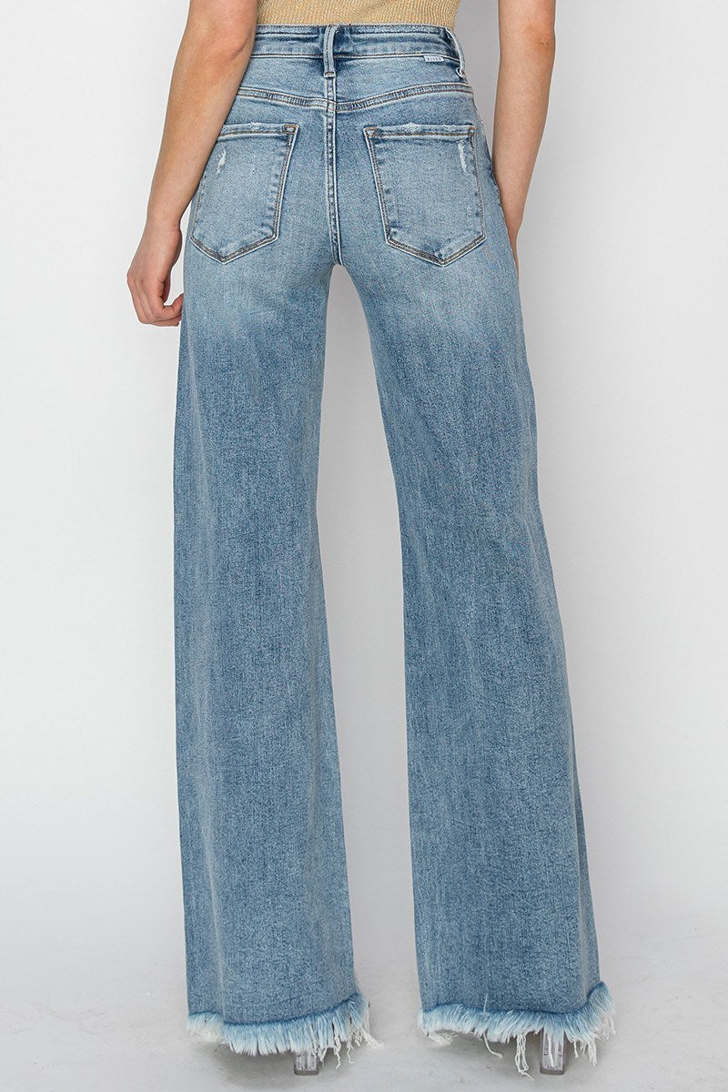 3576- Medium Wash Mid Rise Button Down Wide Leg Jeans w/ Fringe Base