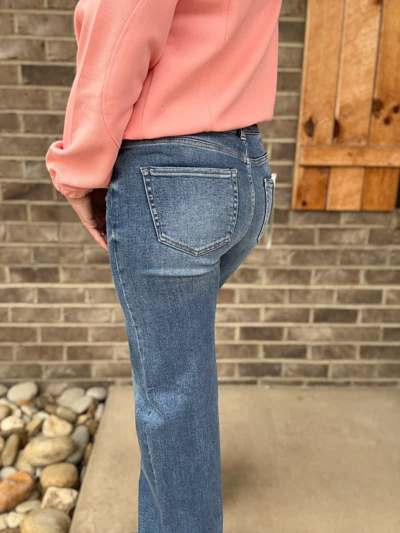 Medium Wash High Rise Wide Leg Adjustable Waist Pants by Risen Jeans