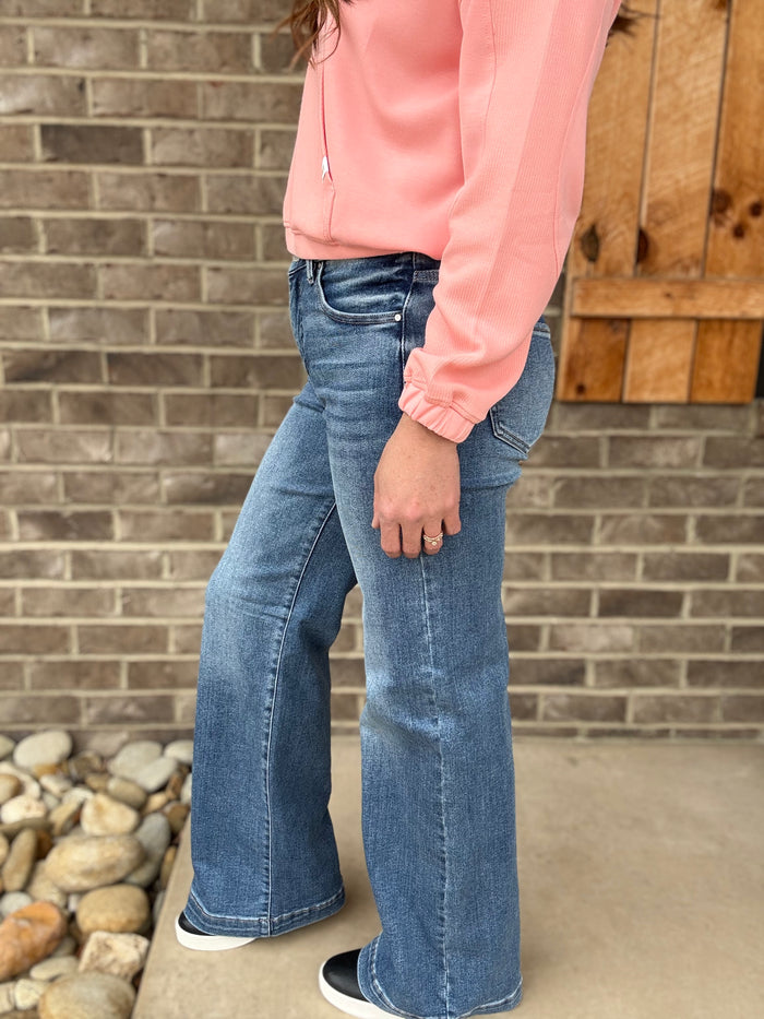 Medium Wash High Rise Wide Leg Adjustable Waist Pants by Risen Jeans