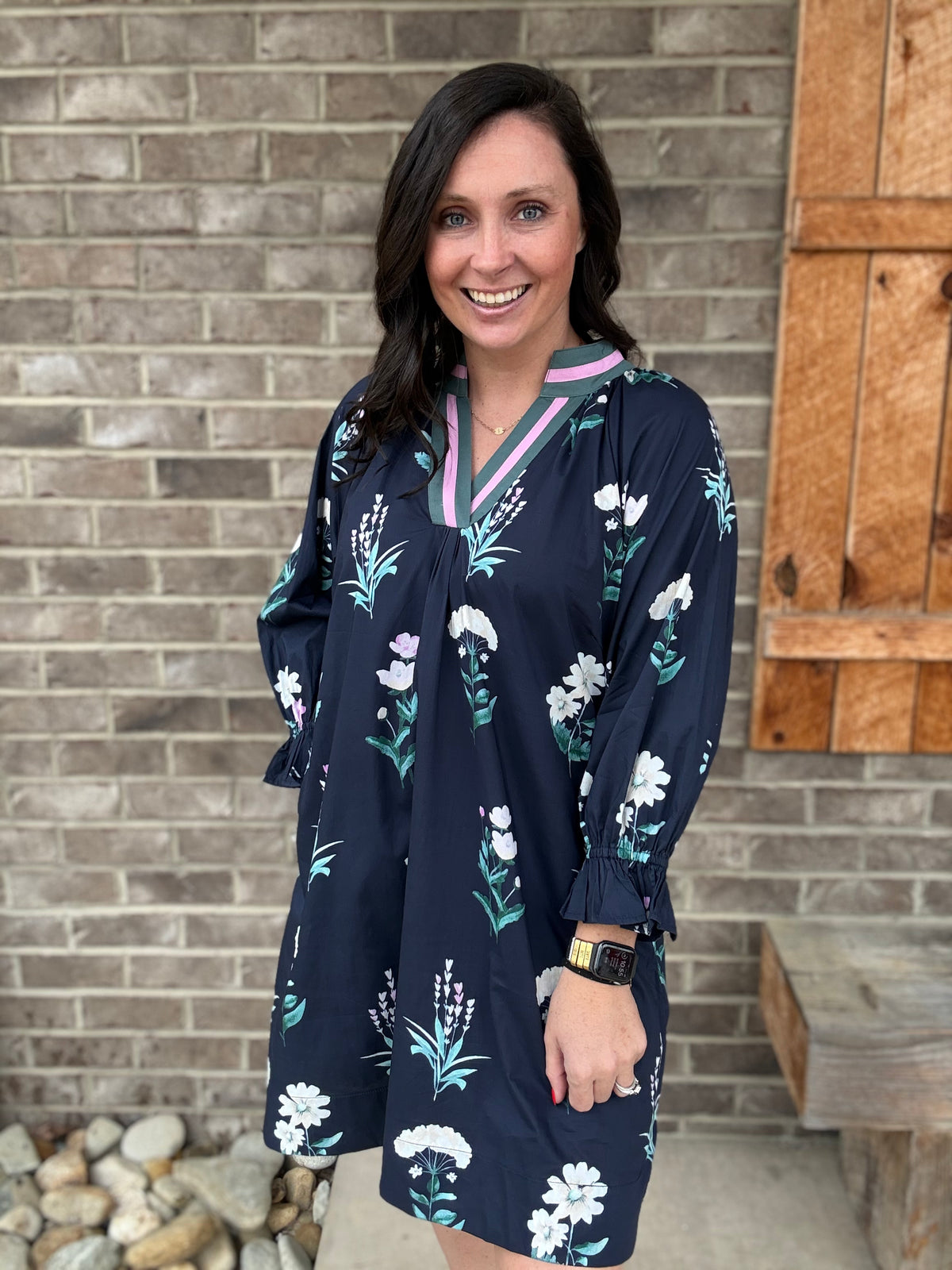 Midnight Navy Exclusive Floral Print Tunic Dress w/ Contrast Trim by Umgee
