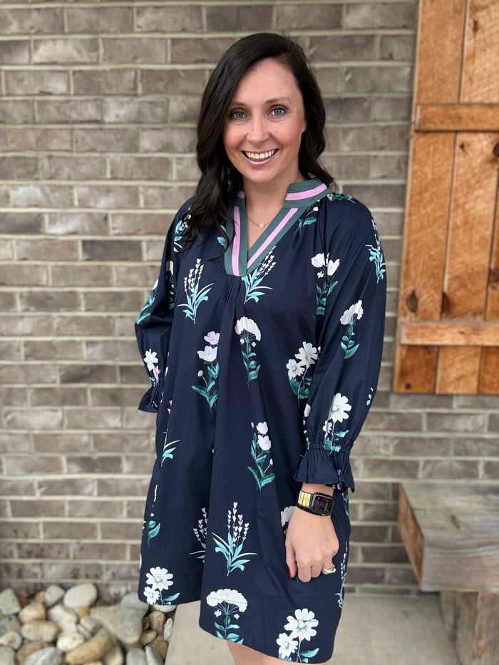 Midnight Navy Exclusive Floral Print Tunic Dress w/ Contrast Trim by Umgee