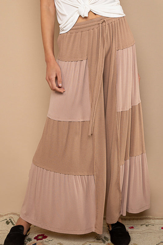 3825-Milk Chocolate Loose Knit Wide Leg Pants with Ribbed Detail