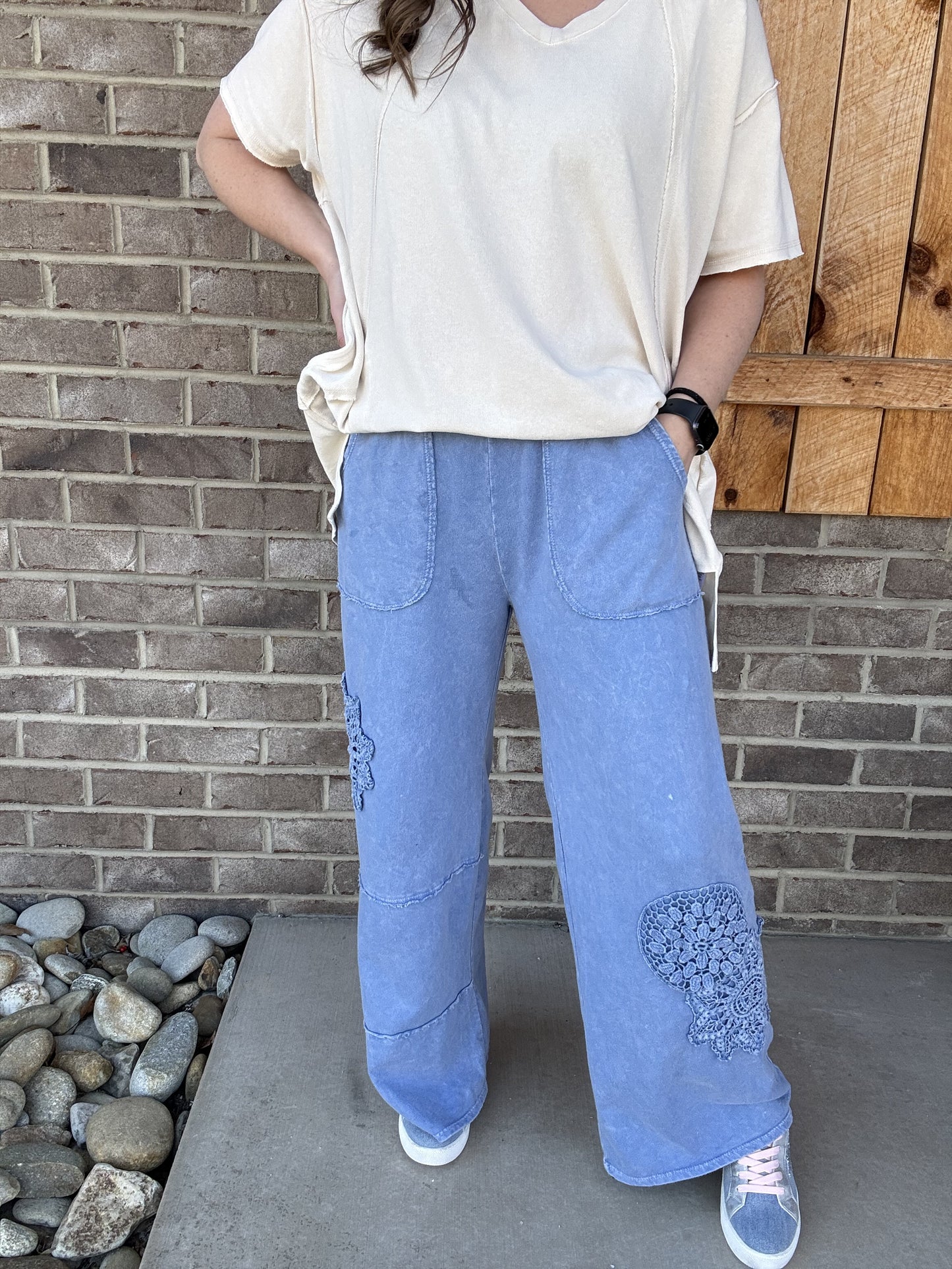 Mineral Wash Lace Cut Wide Leg Straight Pants by J. Her