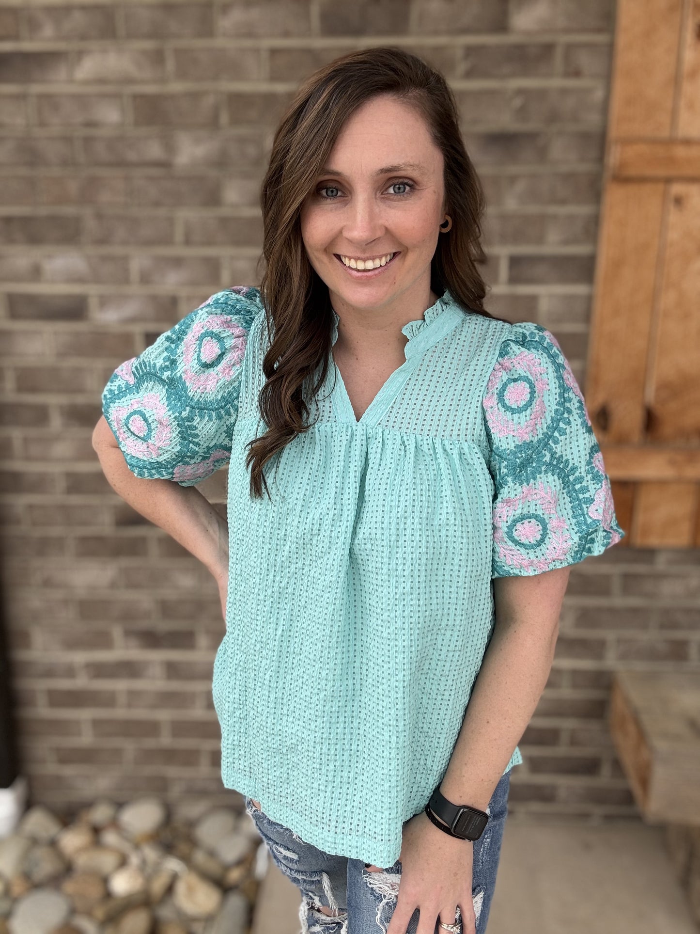 Mint Blue Checkered Seersucker Top by Umgee