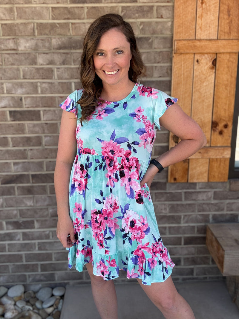 Mint Floral Print Dress w/ Flutter Sleeve Detail