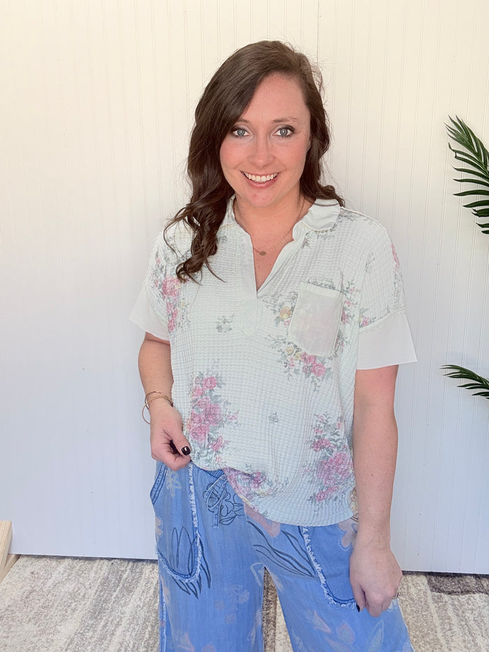 Mint Floral Print Washed Waffle Top by Easel