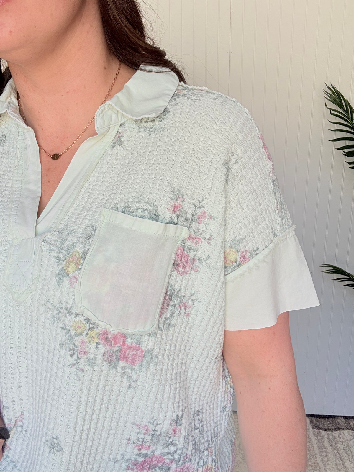 Mint Floral Print Washed Waffle Top by Easel