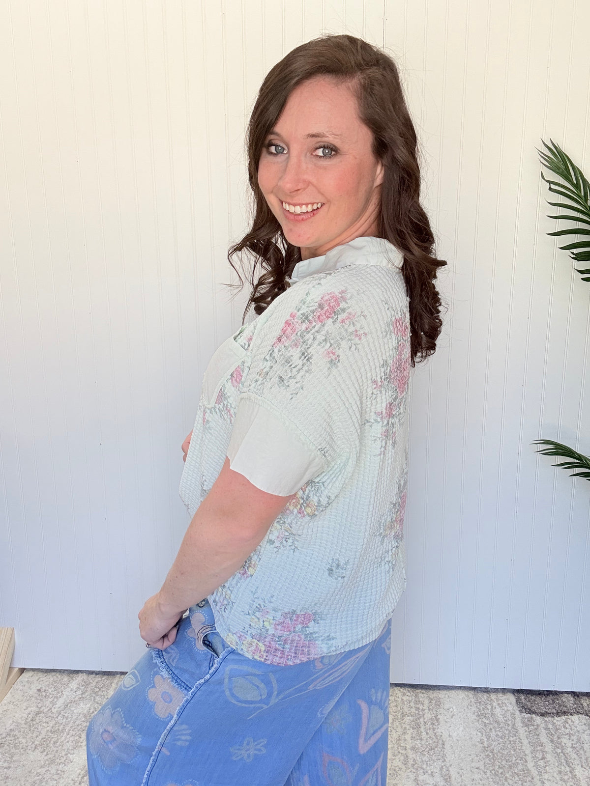 Mint Floral Print Washed Waffle Top by Easel