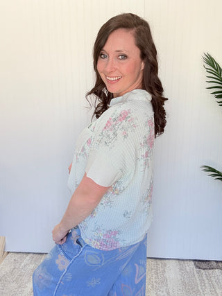Mint Floral Print Washed Waffle Top by Easel