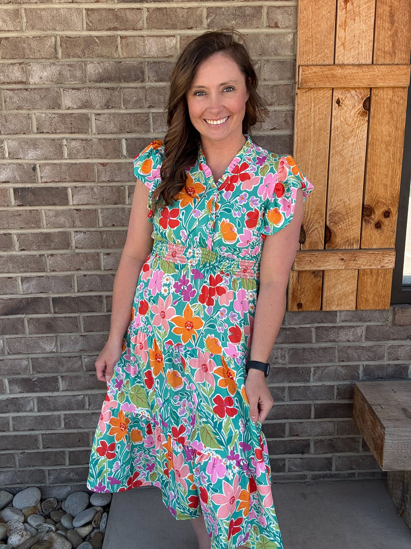 Mint Midi Length Floral Dress w/ Smocked Waist