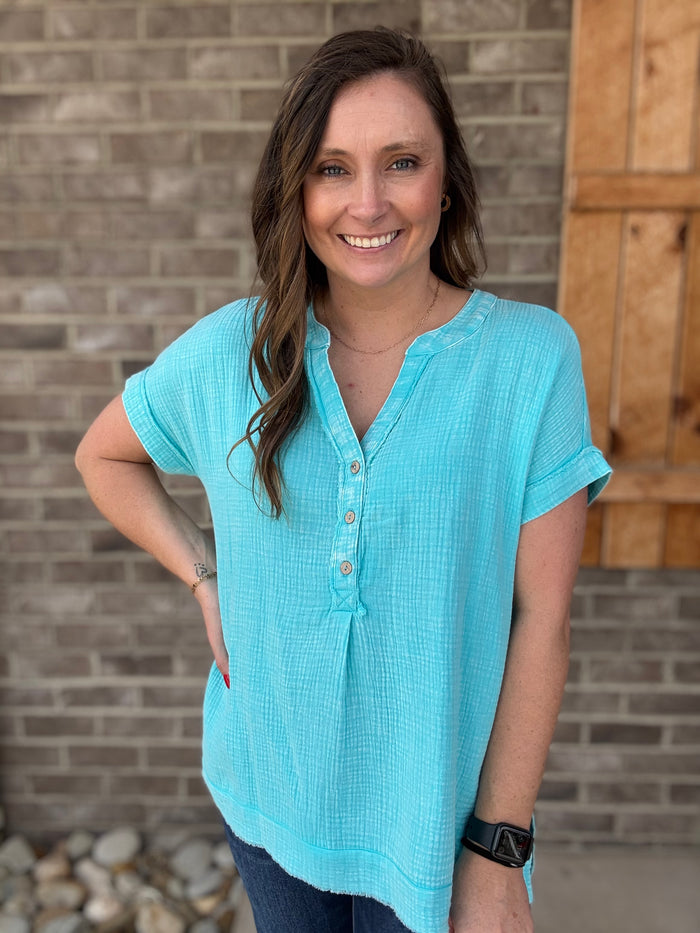 Mint Sky Washed Gauze 3/4 Henley Button Down Short Sleeve Top