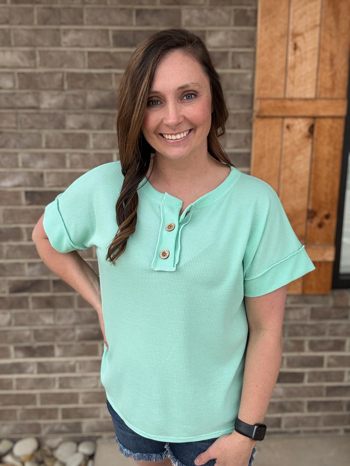 Mint Thermal Snitched Button Detail Henley Neck Top