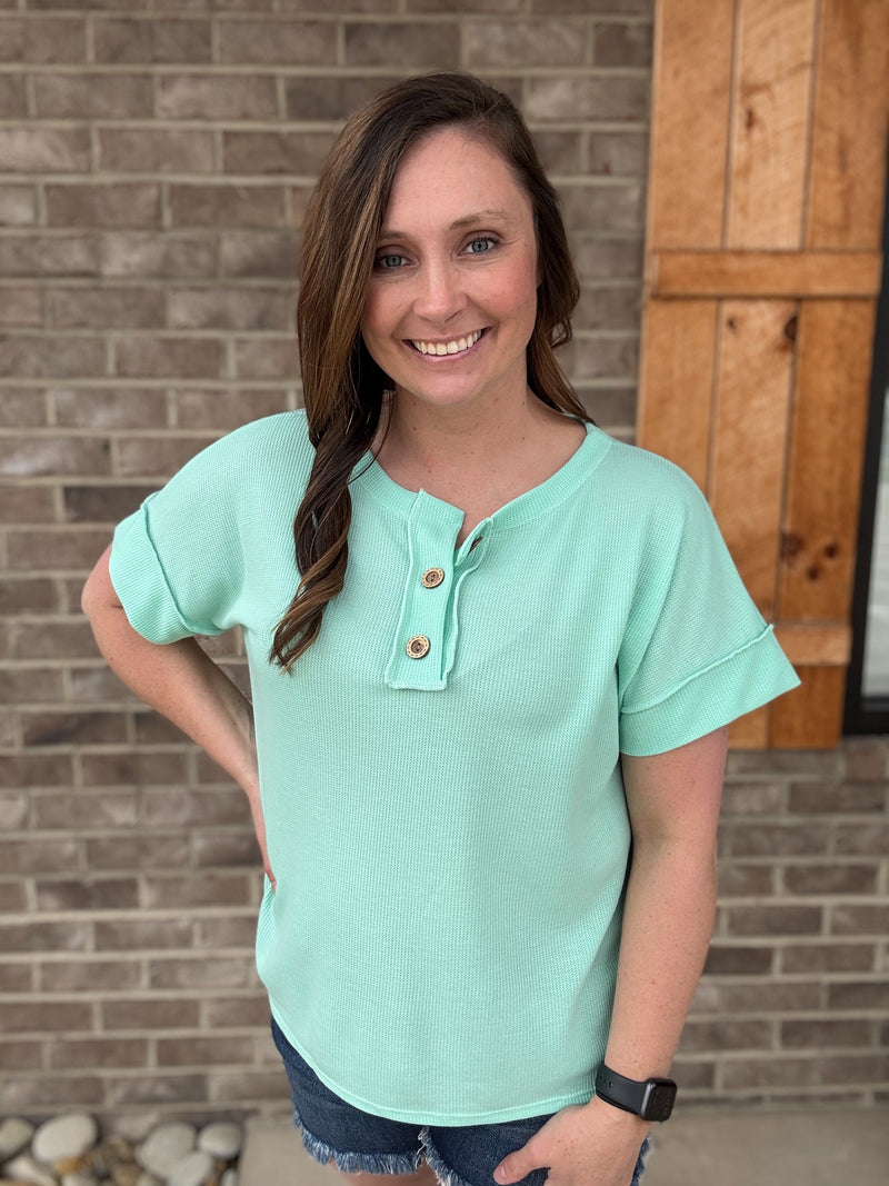 Mint Thermal Snitched Button Detail Henley Neck Top