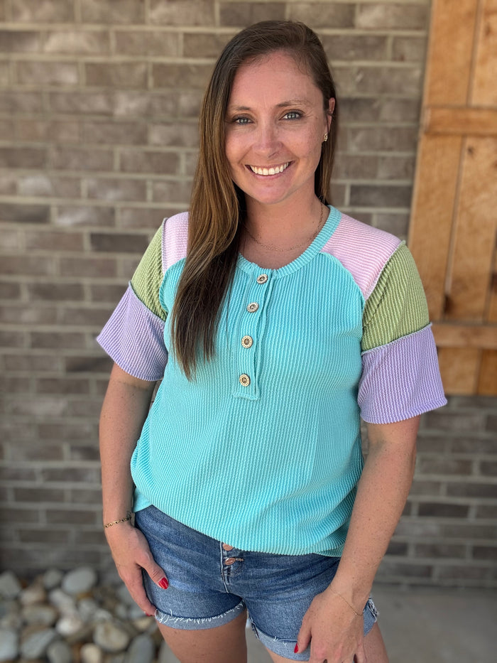 Mint Color Block Short Sleeve Ribbed Top