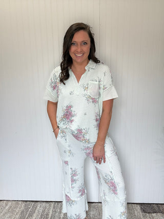 Mint Floral Print Washed Waffle Pants by Easel