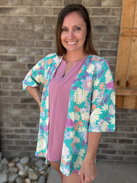 Mint Floral Print Wrinkle Free Cardigan