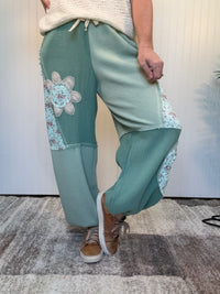 Mint Green Floral Patch Thermal & Gauze Boho Wide-Leg Pants by POL