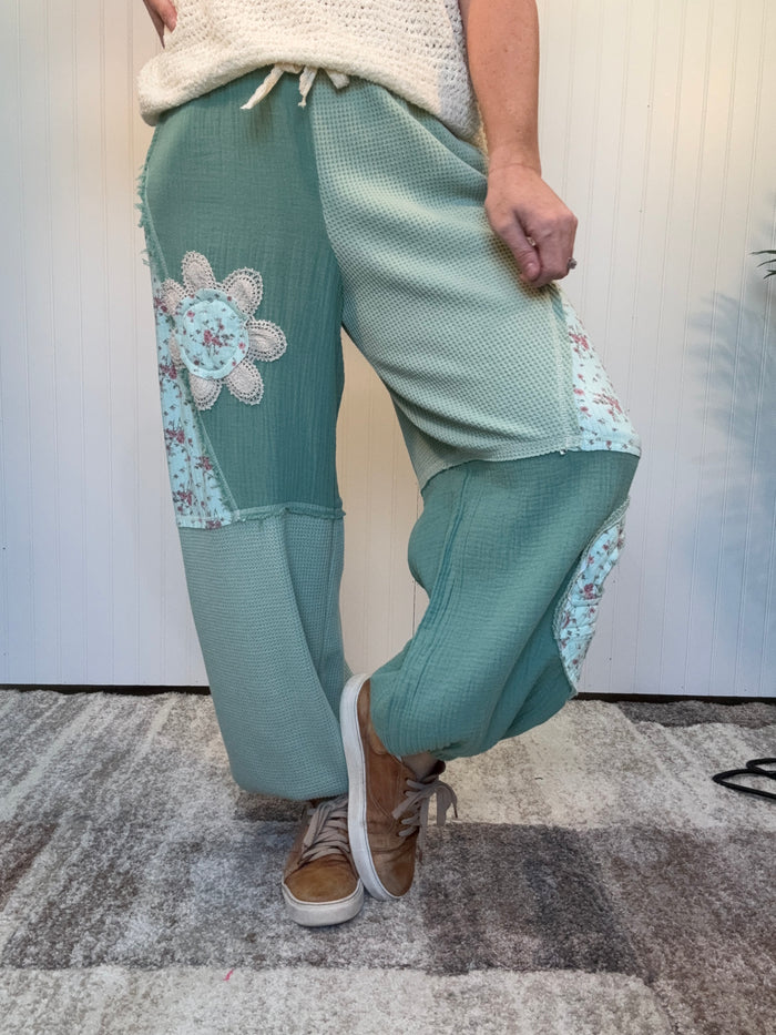 Mint Green Floral Patch Thermal & Gauze Boho Wide-Leg Pants by POL