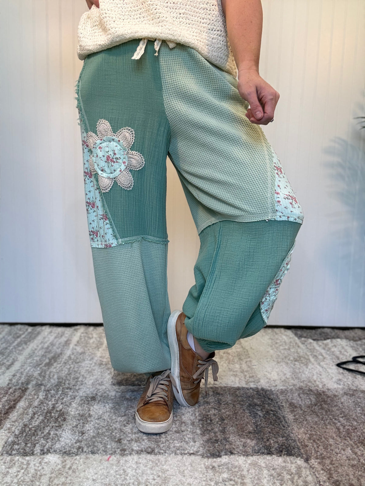 Mint Green Floral Patch Thermal & Gauze Boho Wide-Leg Pants by POL