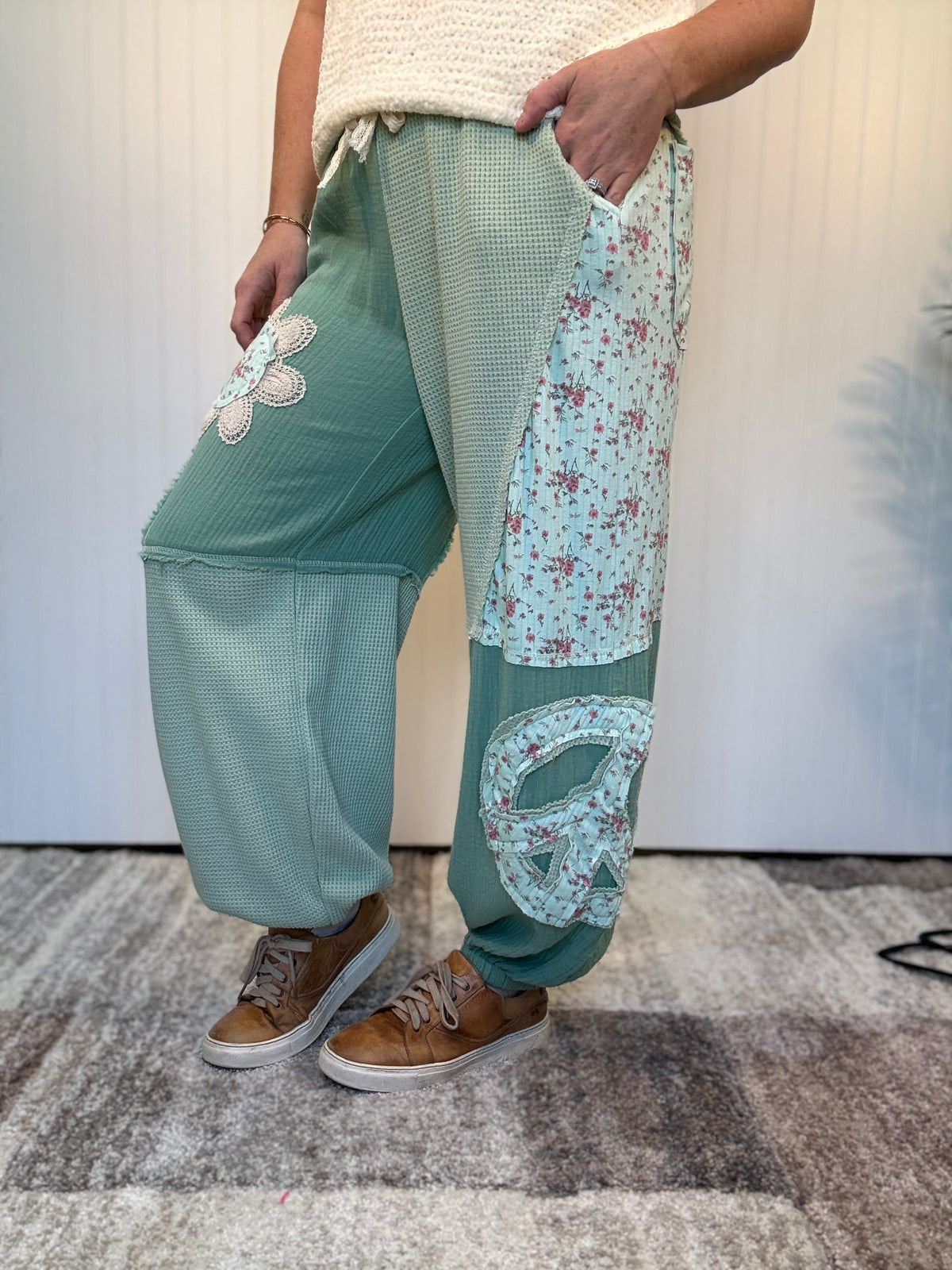 Mint Green Floral Patch Thermal & Gauze Boho Wide-Leg Pants by POL