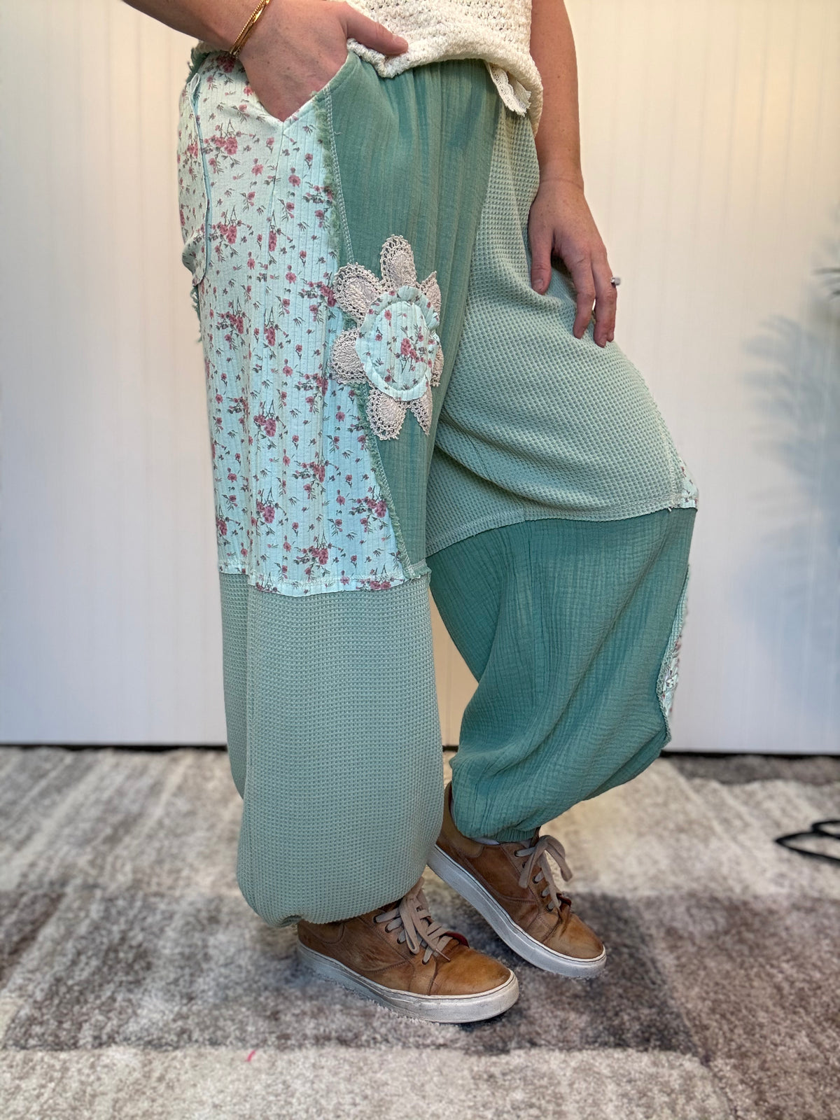 Mint Green Floral Patch Thermal & Gauze Boho Wide-Leg Pants by POL