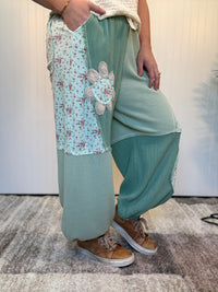 Mint Green Floral Patch Thermal & Gauze Boho Wide-Leg Pants by POL