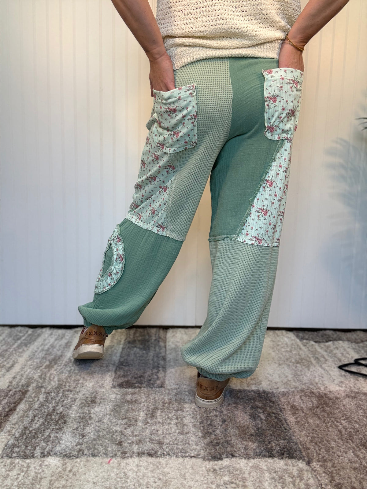 Mint Green Floral Patch Thermal & Gauze Boho Wide-Leg Pants by POL