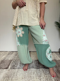 Mint Green Floral Patch Thermal & Gauze Boho Wide-Leg Pants by POL