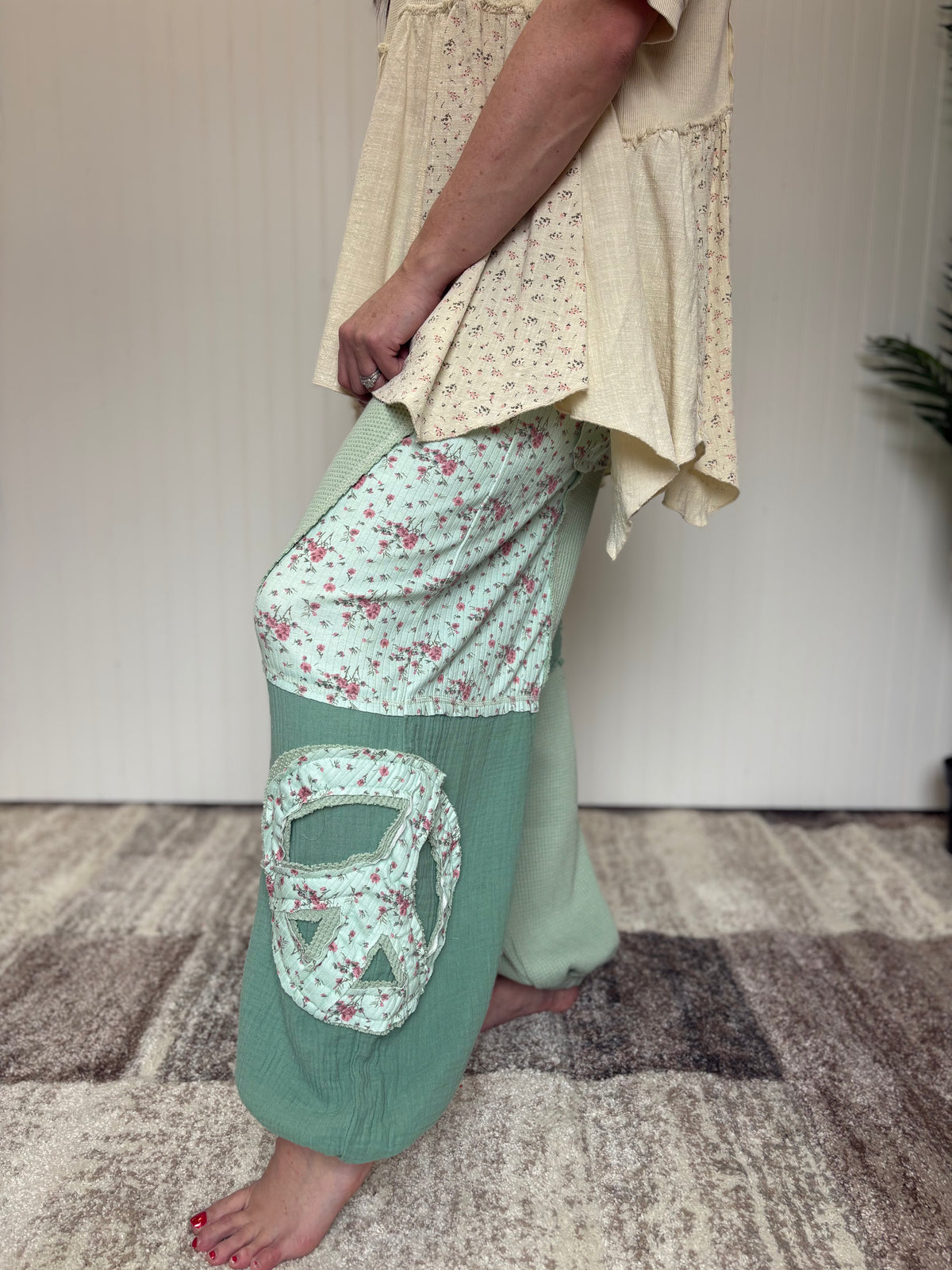 Mint Green Floral Patch Thermal & Gauze Boho Wide-Leg Pants by POL