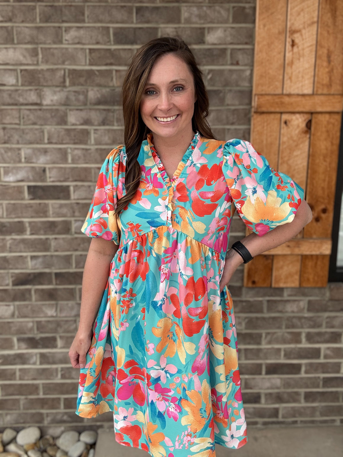 Mint, Orange, and Yellow Floral Balloon Sleeve Dress