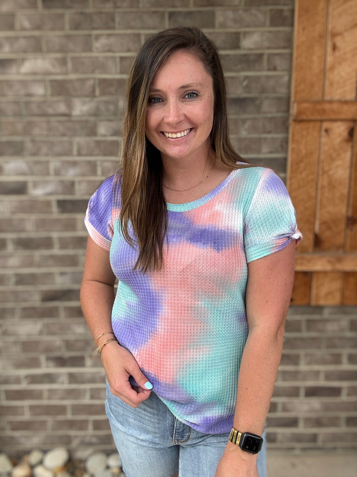 Mint, Pink, and Lilac Waffle Short Sleeve Tie Dye Top