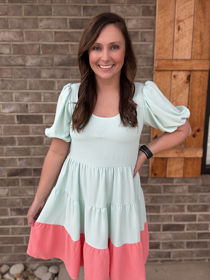Mint and Coral Balloon Sleeve Tiered Short Sleeve Dress