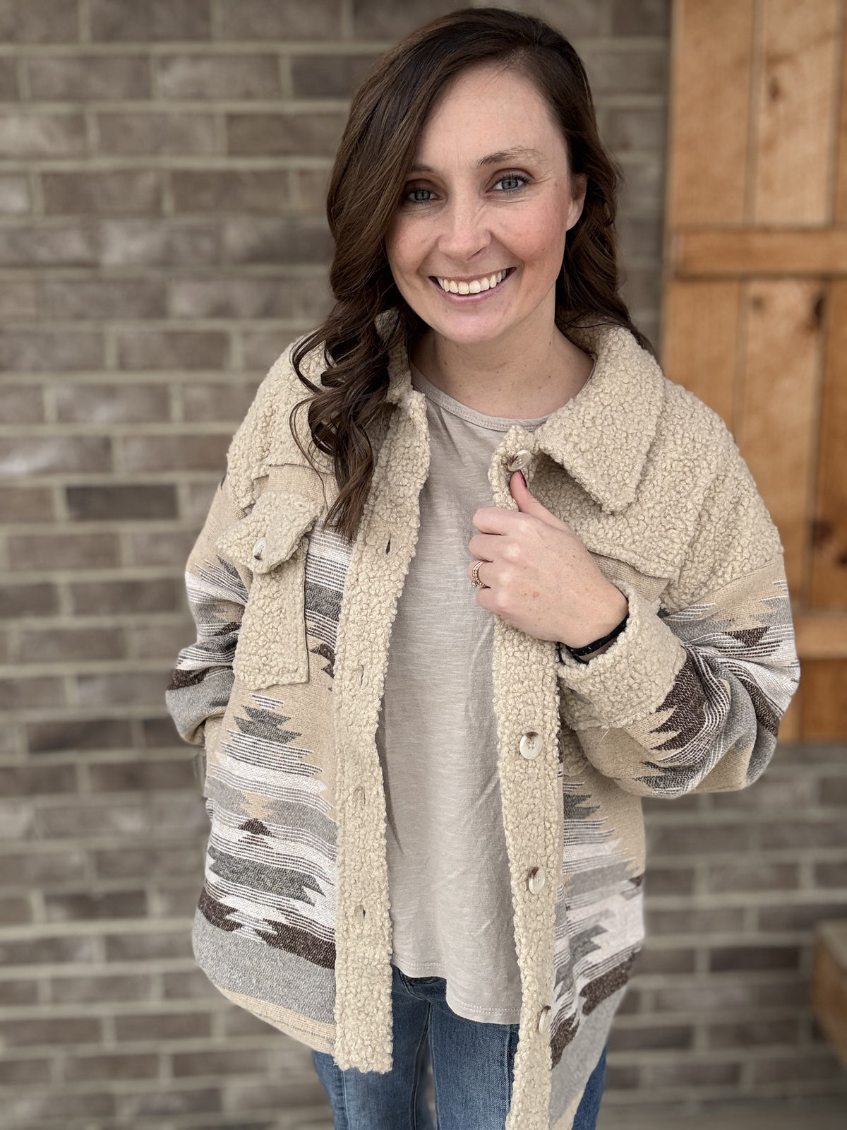 8487- Mocha Aztec Sherpa Shacket